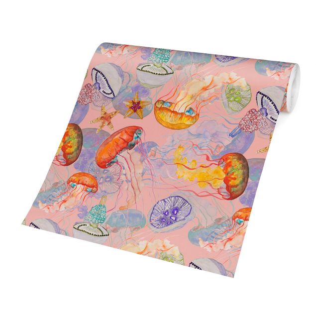 Papier peint à motifs Colourful Jellyfish On Pink