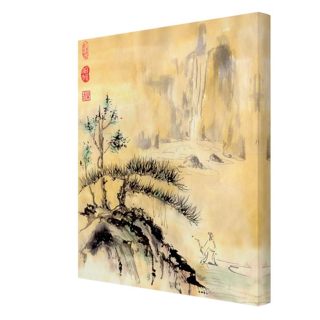 Toile cascade Dessin aquarelle japonais Cèdres et montagnes