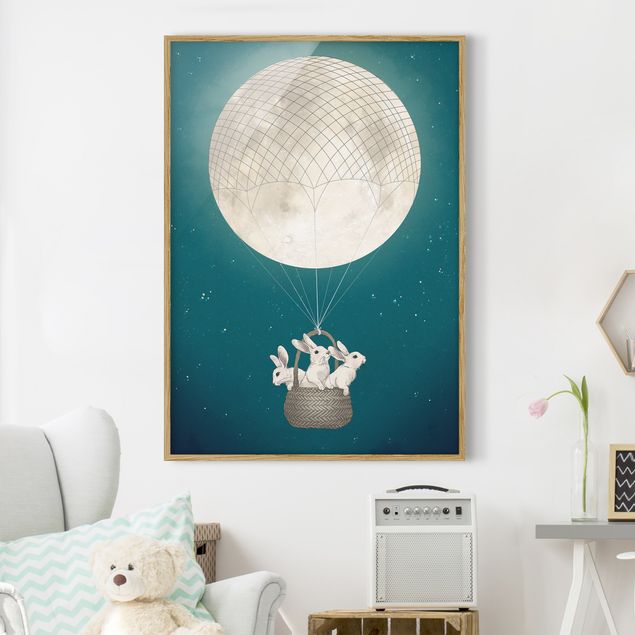 Déco mur cuisine Illustration Lapins Lune comme Montgolfière Ciel étoilé