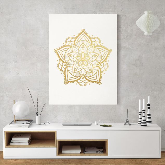 Tableaux sur toile avec dessins Illustration Mandala Fleur Or Blanc