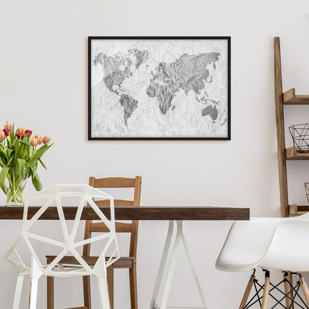Poster encadré - Paper World Map White Grey
