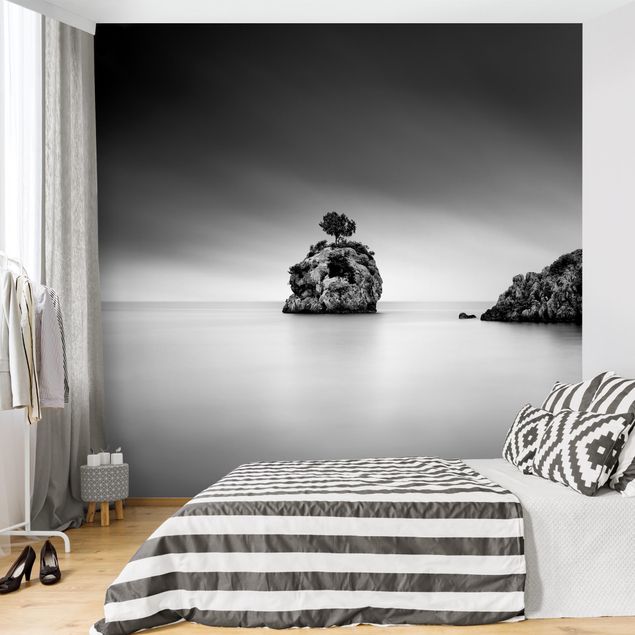 Papier peint noir et blanc Île rocheuse dans la mer Noir et blanc