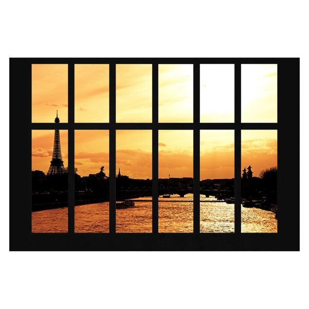 tapisserie panoramique Fenêtre Tour Eiffel Paris Sunrise