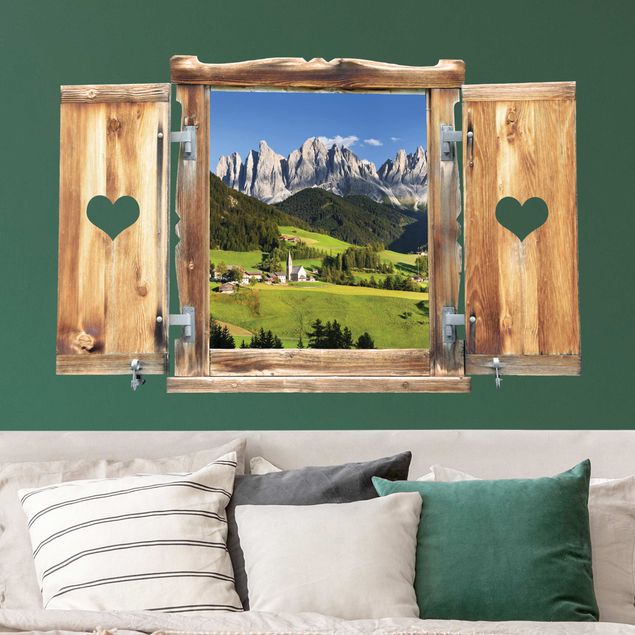 Stickers muraux 3d Fenêtre avec cœur Geislerspitzen dans le Tyrol du Sud