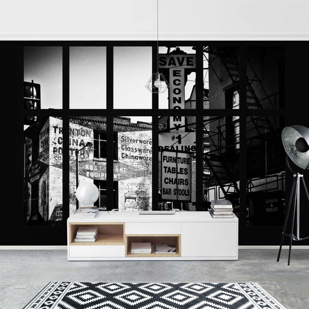 Papier peint moderne Fenêtre View American Building Facade In Black And White