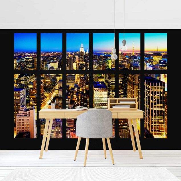 Papier peint coucher de soleil Window View Manhattan Skyline At Night