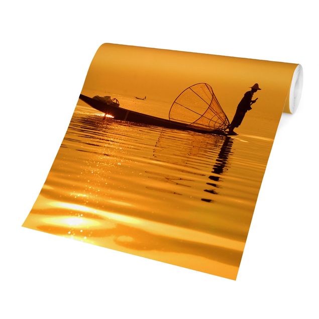Papier peint moderne Pêcheur et lever de soleil