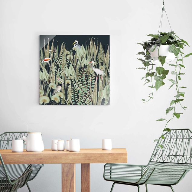 Tableaux en verre fleurs Flamant et Cigogne avec plantes sur fond vert