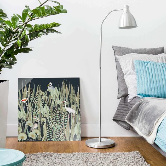 Tableaux moderne Flamant et Cigogne avec plantes sur fond vert