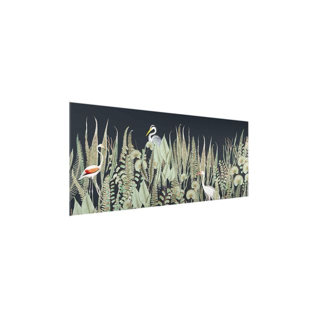 tableaux floraux Flamant et Cigogne avec plantes sur fond vert