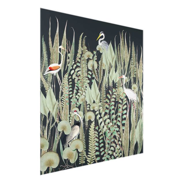 tableaux floraux Flamant et Cigogne avec plantes sur fond vert