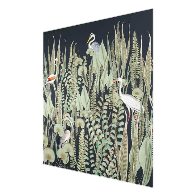 Tableaux muraux Flamant et Cigogne avec plantes sur fond vert