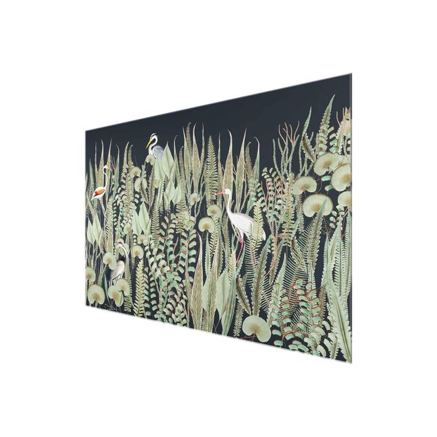 Tableaux muraux Flamant et Cigogne avec plantes sur fond vert