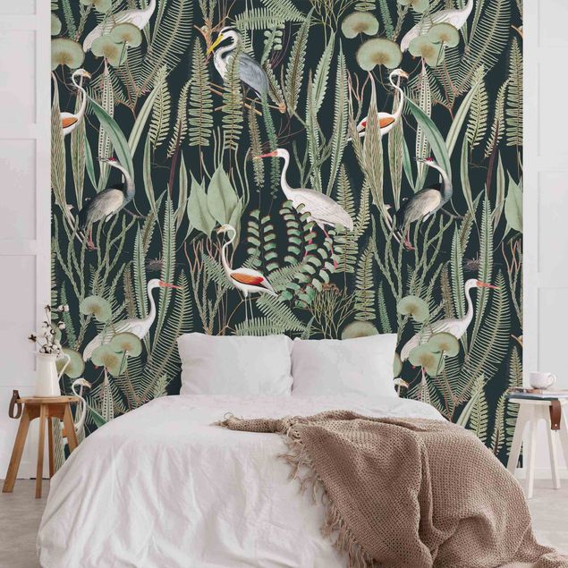 Papier peint moderne Flamants et cigognes avec plantes sur fond vert