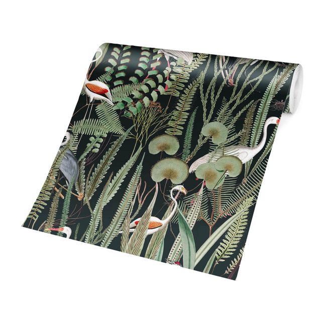 Papier peint fleurs Flamants et cigognes avec plantes sur fond vert
