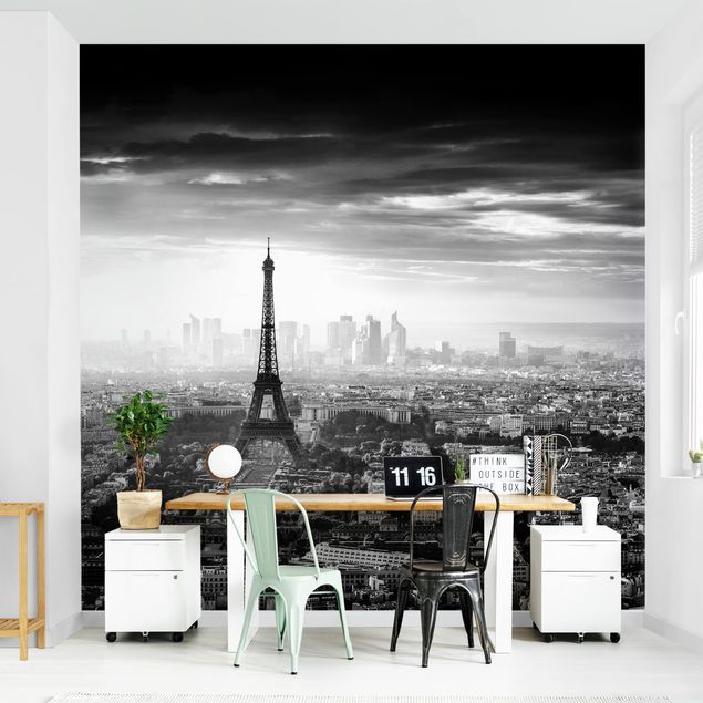Papier peint architecture  La Tour Eiffel vue du ciel en noir et blanc