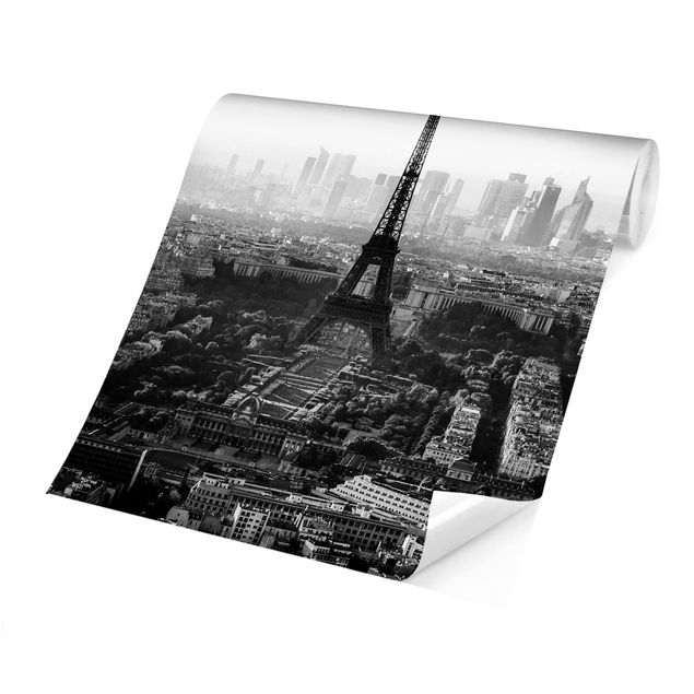 Tapisserie noir et blanc La Tour Eiffel vue du ciel en noir et blanc