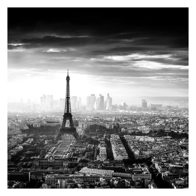 papier peint xxl La Tour Eiffel vue du ciel en noir et blanc