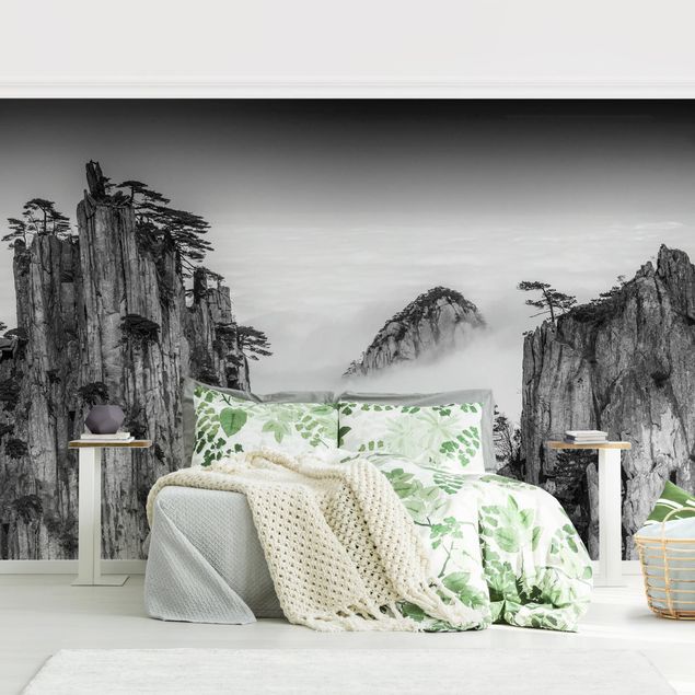 Papier peint moderne Roches dans le brouillard en noir et blanc