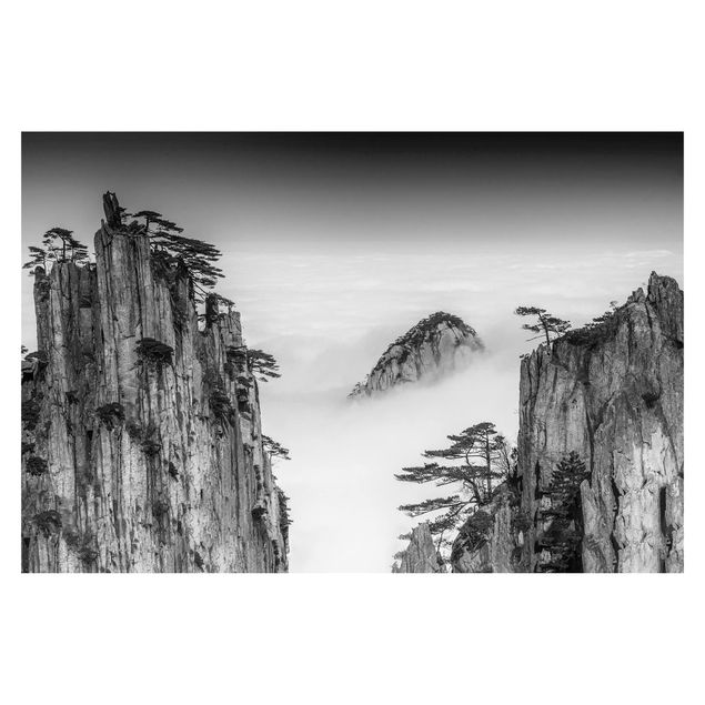 Papier peint panoramique Roches dans le brouillard en noir et blanc