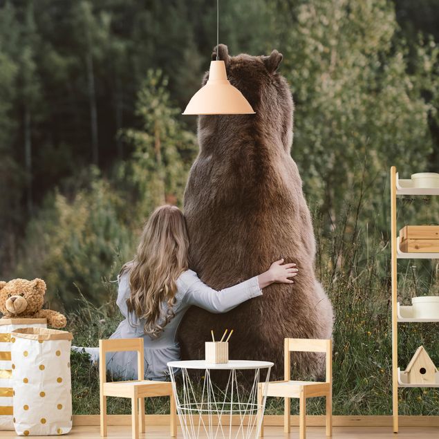 Papier peint animaux forêt Fille avec un ours brun