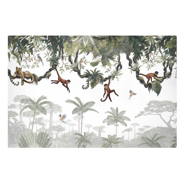 Tableau jungle tropicale Singes espiègles dans un feuillage tropical