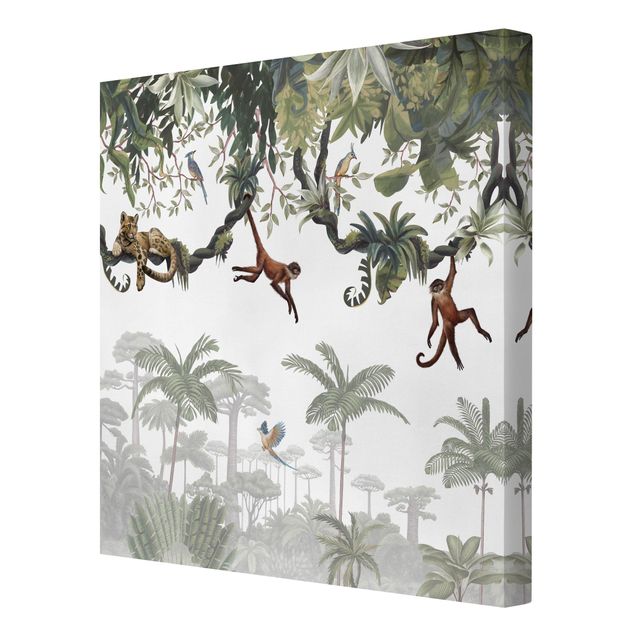 Tableau toile singe Singes espiègles dans un feuillage tropical
