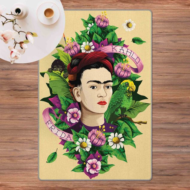 tapis blanc Frida Kahlo - Frida, Monkey and Parrot