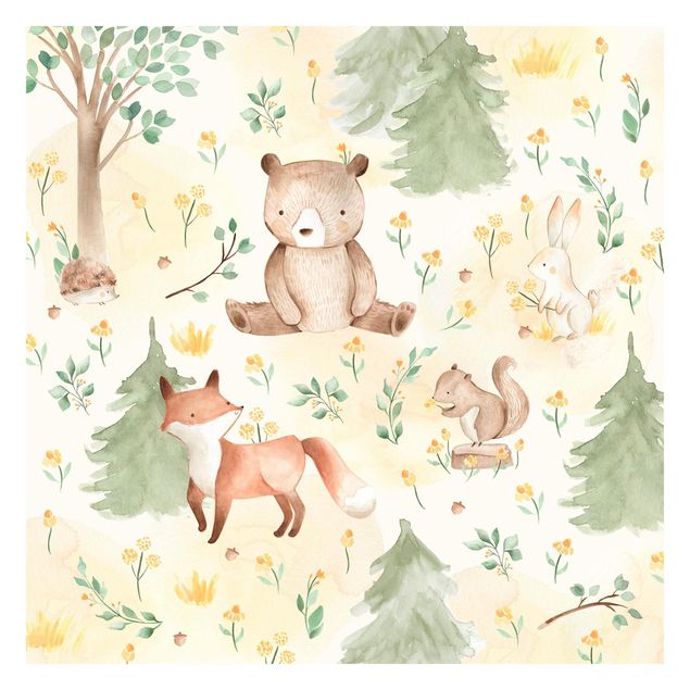 papier peint xxl Renard et ours avec des fleurs et des arbres