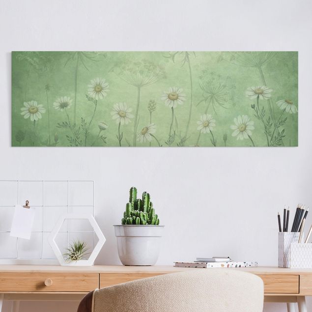 Tableaux sur toile avec herbes Marguerites dans la brume verte