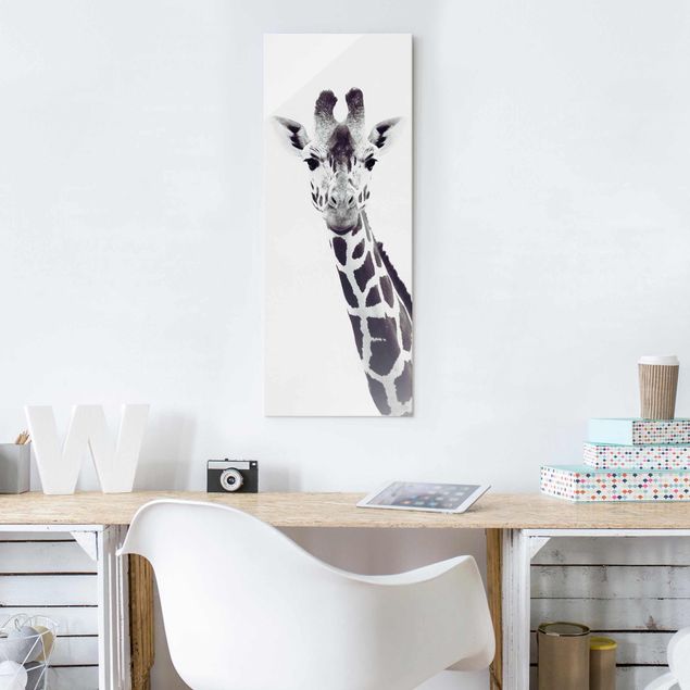 Tableaux en verre noir et blanc Portrait de girafe en noir et blanc