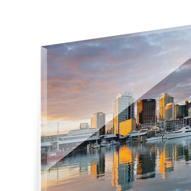 Tableaux en verre magnétique Coucher de soleil sur la Silhouette urbaine d'Auckland