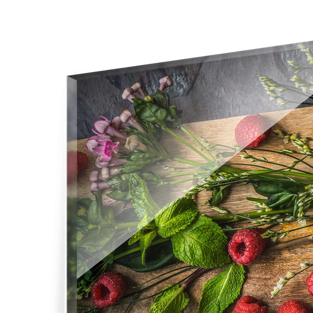 Tableau en verre - Flowers Raspberries Mint
