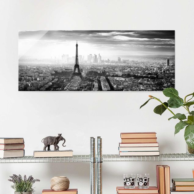 Déco murale cuisine La Tour Eiffel vue du ciel en noir et blanc