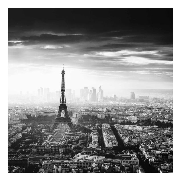 Tableaux en verre noir et blanc La Tour Eiffel vue du ciel en noir et blanc