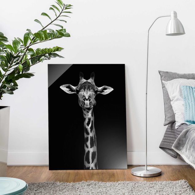 Tableaux en verre noir et blanc Portrait de girafe sombre