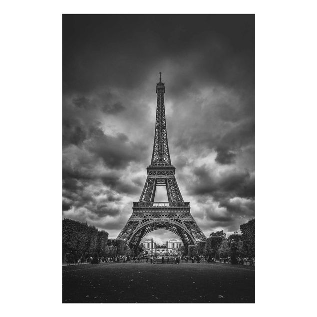 Tableaux en verre noir et blanc Tour Eiffel devant des nuages en noir et blanc