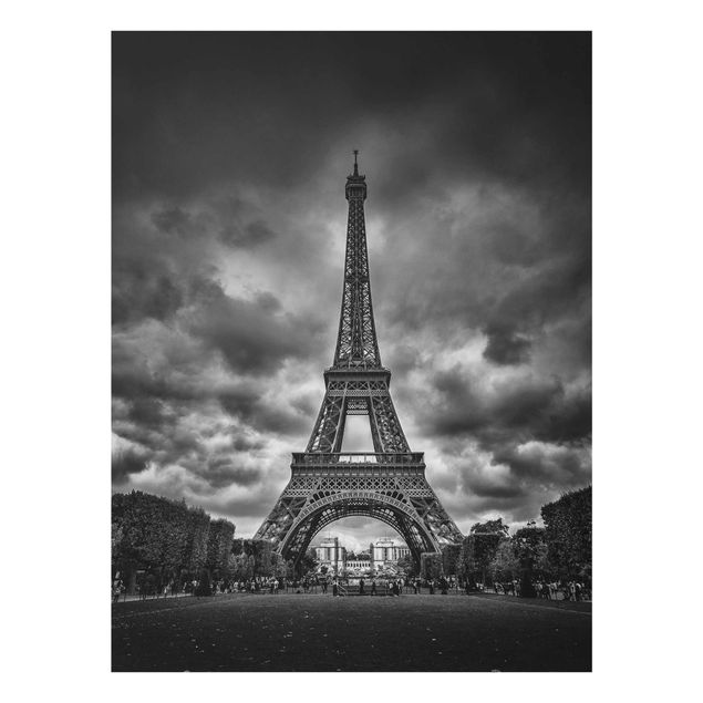 Tableaux en verre noir et blanc Tour Eiffel devant des nuages en noir et blanc