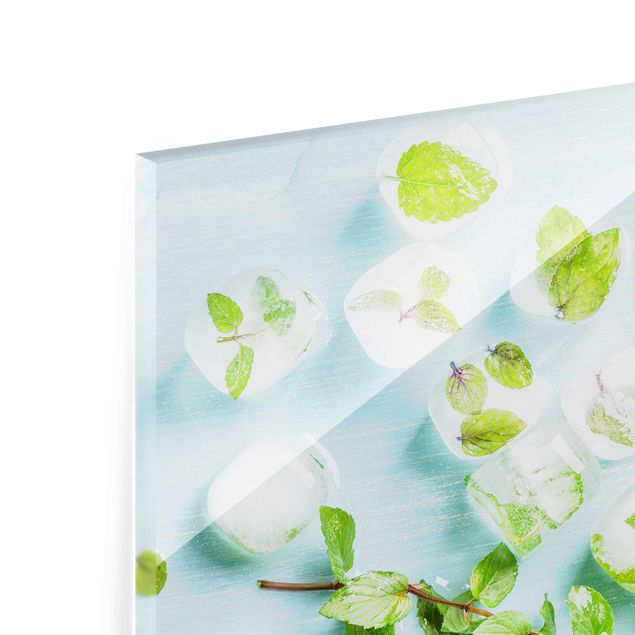 Tableau en verre - Ice Cubes With Mint Leaves