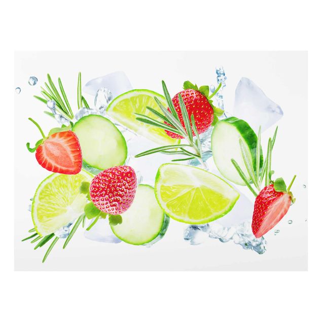 Tableau en verre - Strawberries Lime Ice Cubes Splash
