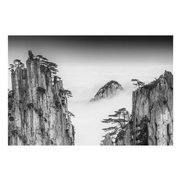 Tableau verre montagne Roches dans le brouillard en noir et blanc