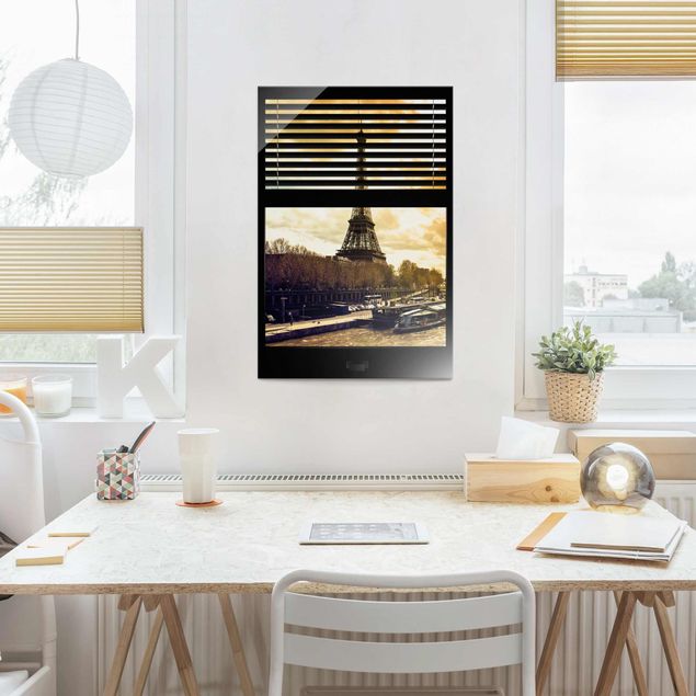 Tableau ville du monde Window View Blinds - Paris Tour Eiffel coucher de soleil