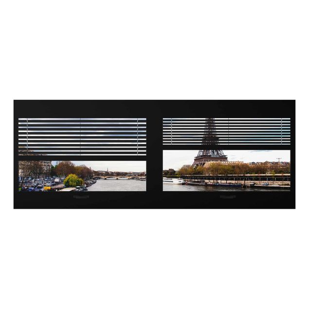 Tableaux moderne Vue de la fenêtre avec rideaux - Seine et Tour Eiffel