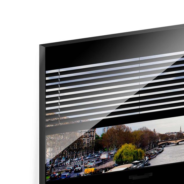 Tableaux en verre magnétique Vue de la fenêtre avec rideaux - Seine et Tour Eiffel