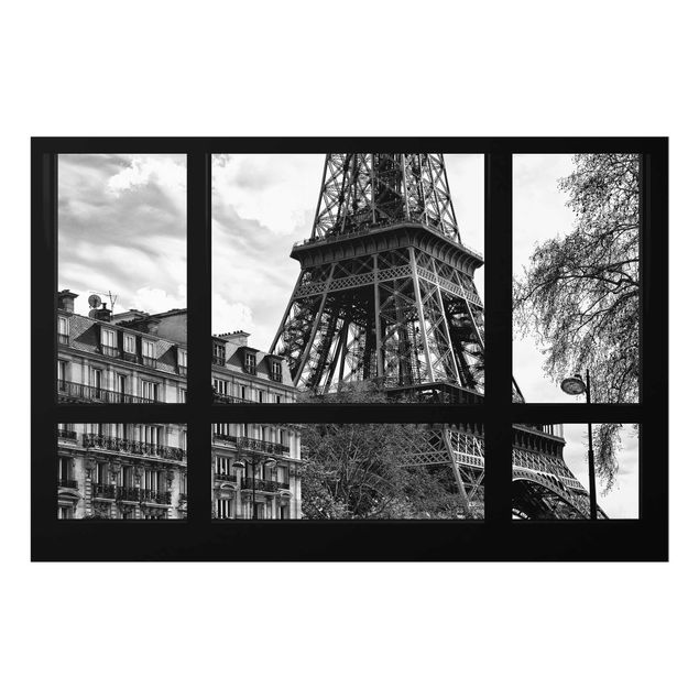 Tableaux en verre noir et blanc Vue d'une fenêtre à Paris - près de la Tour Eiffel
