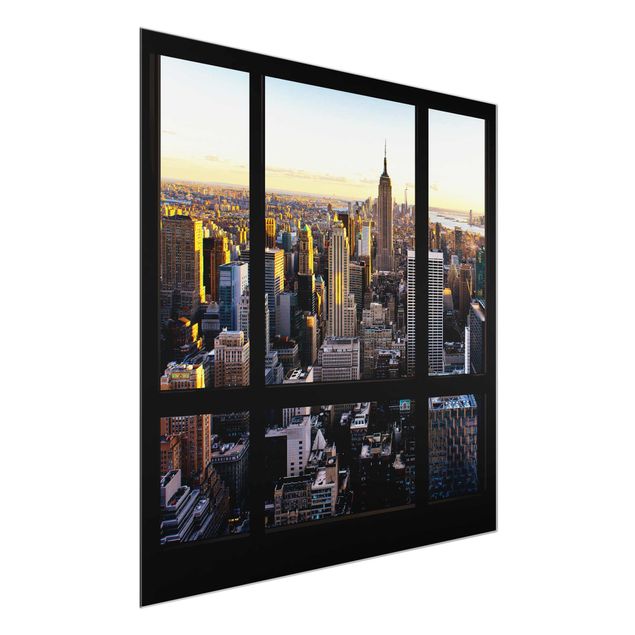 Tableaux en verre architecture & skyline Vue d'une fenêtre la nuit sur New York