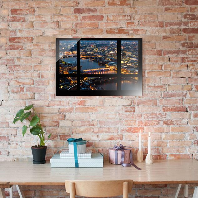 Décorations cuisine Vue de fenêtre de la Silhouette urbaine de Londres avec le pont
