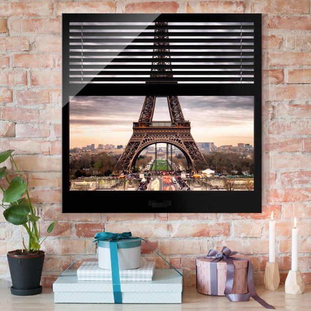 Déco murale cuisine Vue d'une fenêtre avec rideau - Tour Eiffel Paris