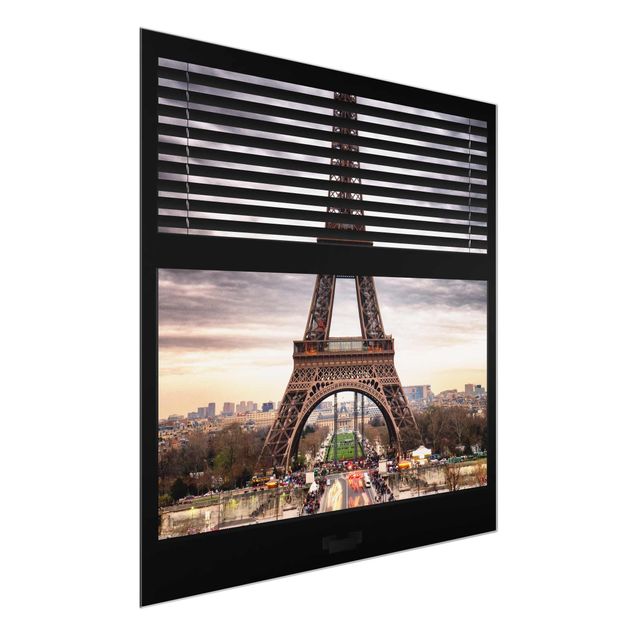 Tableaux en verre architecture & skyline Vue d'une fenêtre avec rideau - Tour Eiffel Paris