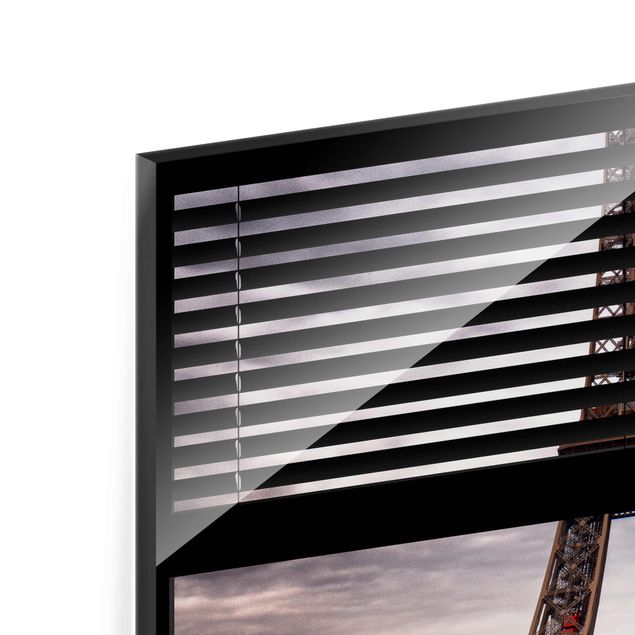 Tableaux en verre magnétique Vue d'une fenêtre avec rideau - Tour Eiffel Paris